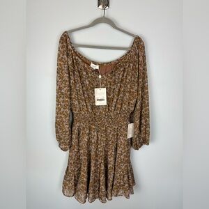 Bohme Cordelia Floral Print Smocked Long Sleeve Dress Brown Blue NWT size: large